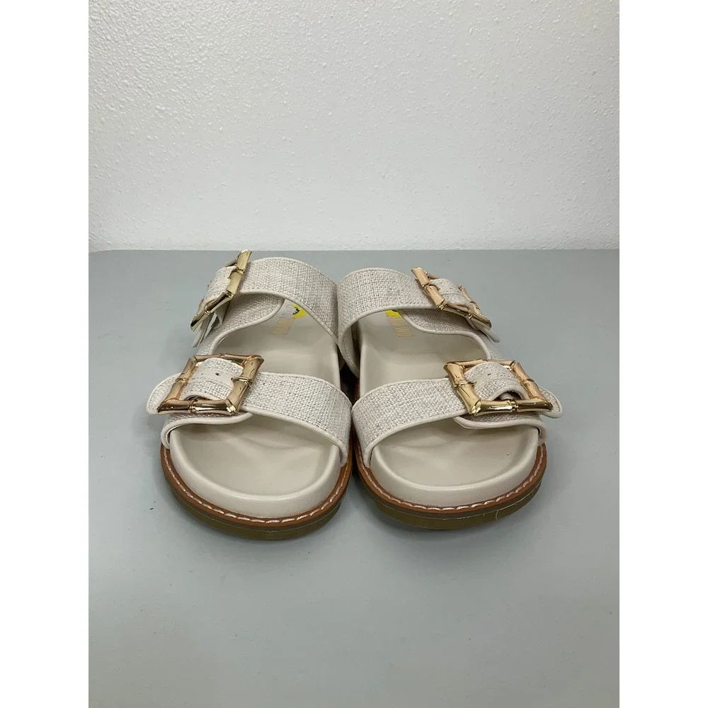 Jason Wu Womens Cream Linen‎ Double Buckle Slide Sandals Gold Bamboo Detail 9